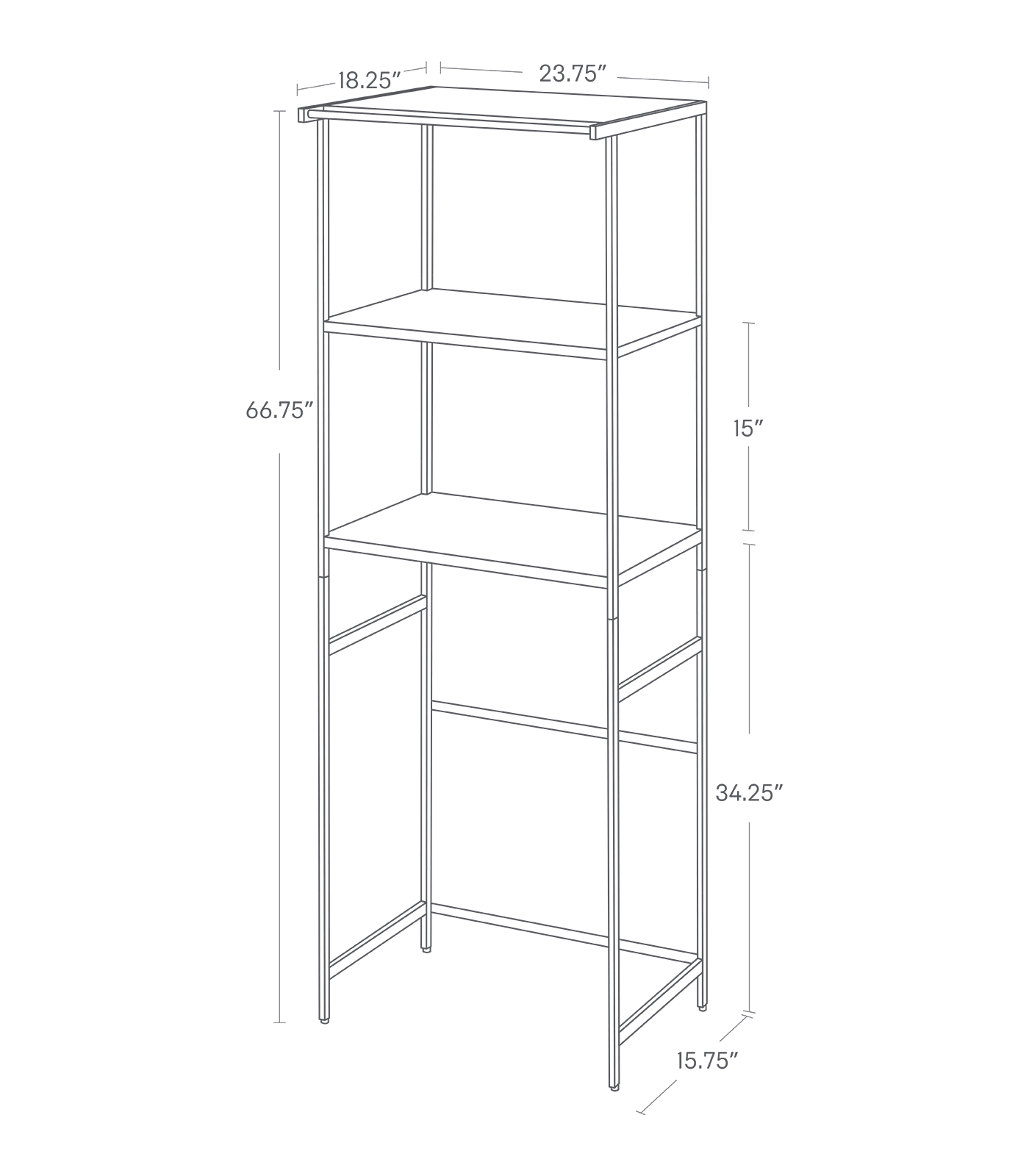 Dimension Image for Storage Rack on a white background showing height of 66.75 inches, total length of 18.25 inches, width of 23.75 inches, bottom width of 15.75 inches, 34.25 inches from floor to bottom rack, and 15 inches between middle racks.