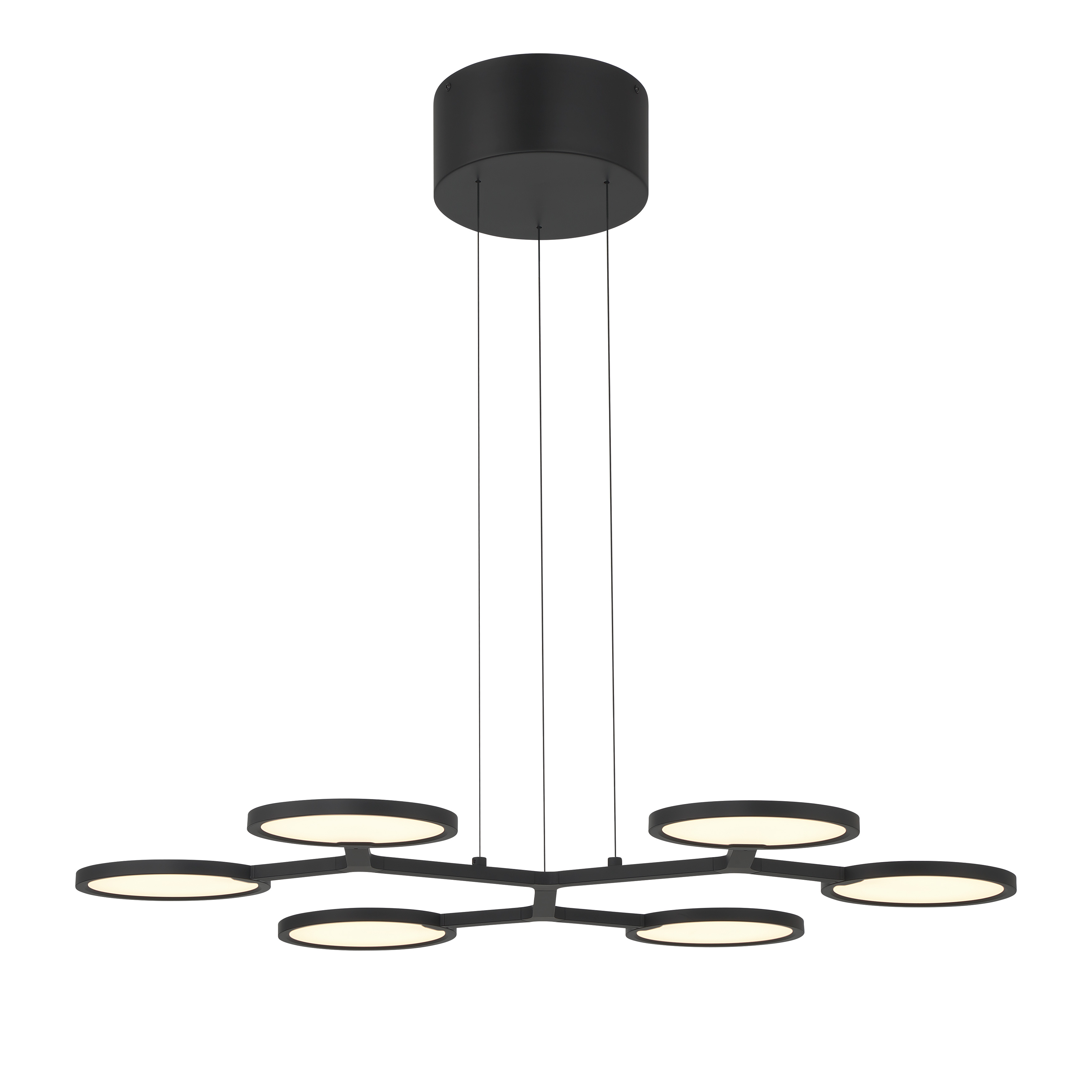 The Bandalore 6-Light LED Island Chandelier features a distinctive rotating disk design in Coal Black finish. With integrated LED technology delivering 7,000+ lumens and excellent color rendering, it provides bright, efficient task lighting perfect for kitchen islands and dining areas. - alternate view