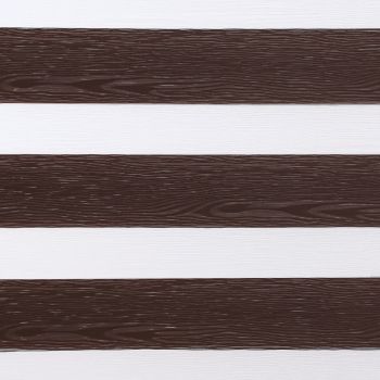 Dual-layer zebra roller blind with horizontal brown wood-grain slats alternating with white sheer bands; alternating bands block and admit light; close-up fills frame, neutral indoor lighting, no visible window.