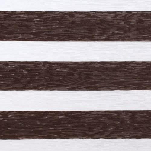 Dual-layer zebra roller blind with horizontal brown wood-grain slats alternating with white sheer bands; alternating bands block and admit light; close-up fills frame, neutral indoor lighting, no visible window.