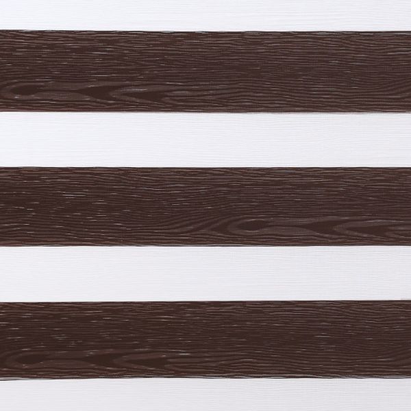 Dual-layer zebra roller blind with horizontal brown wood-grain slats alternating with white sheer bands; alternating bands block and admit light; close-up fills frame, neutral indoor lighting, no visible window.