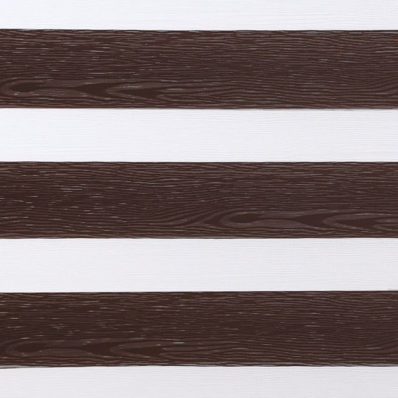 Dual-layer zebra roller blind with horizontal brown wood-grain slats alternating with white sheer bands; alternating bands block and admit light; close-up fills frame, neutral indoor lighting, no visible window.