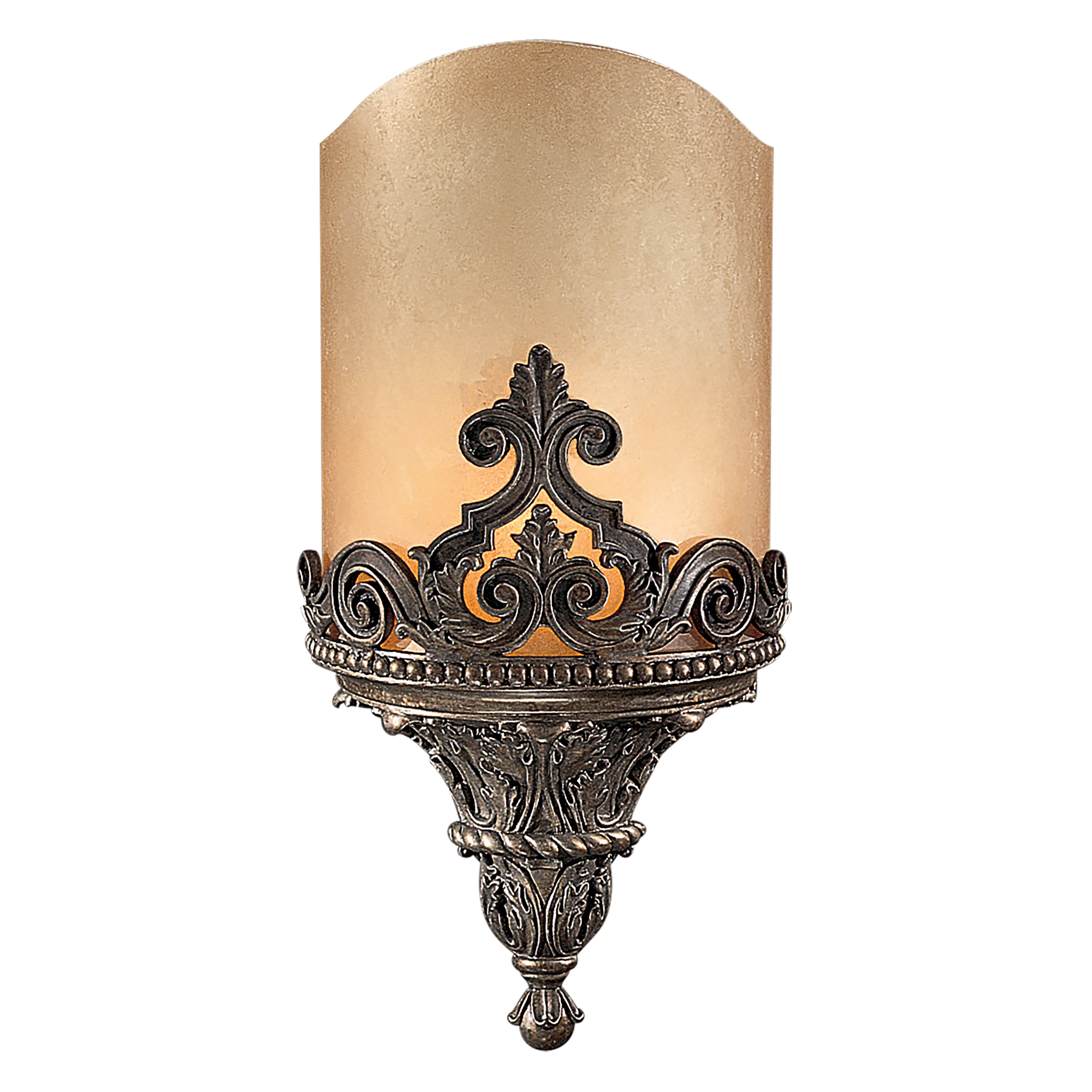 This elegant wall sconce combines traditional craftsmanship with transitional styling. The aged bronze finish and French scavo glass create warm, ambient lighting perfect for hallways and entryways. - alternate view