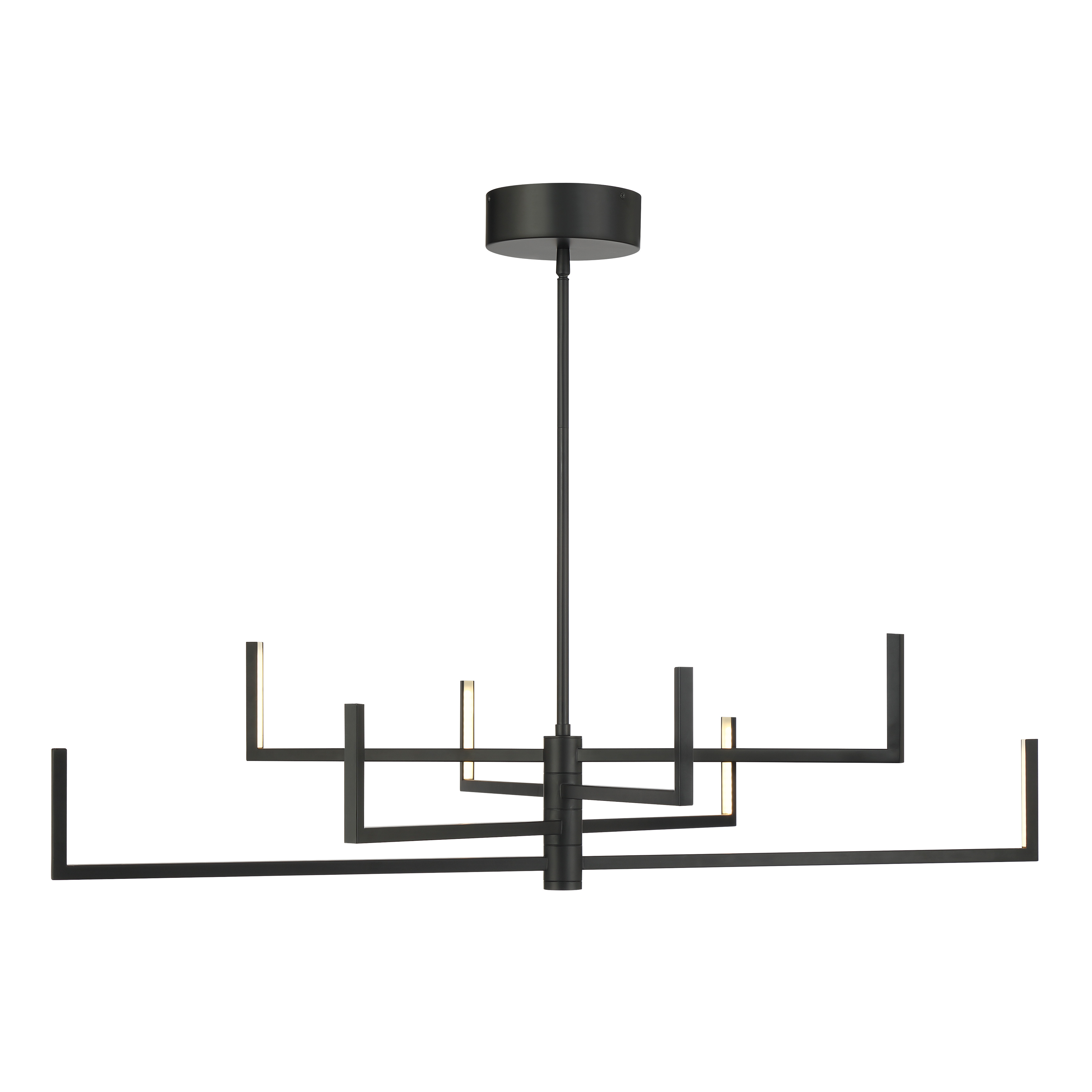 The Articular chandelier combines architectural design with functional versatility through its rotating arm feature. Eight integrated LED lights deliver warm, diffused illumination through sand-blasted acrylic, while the coal black finish adds bold sophistication. - alternate view