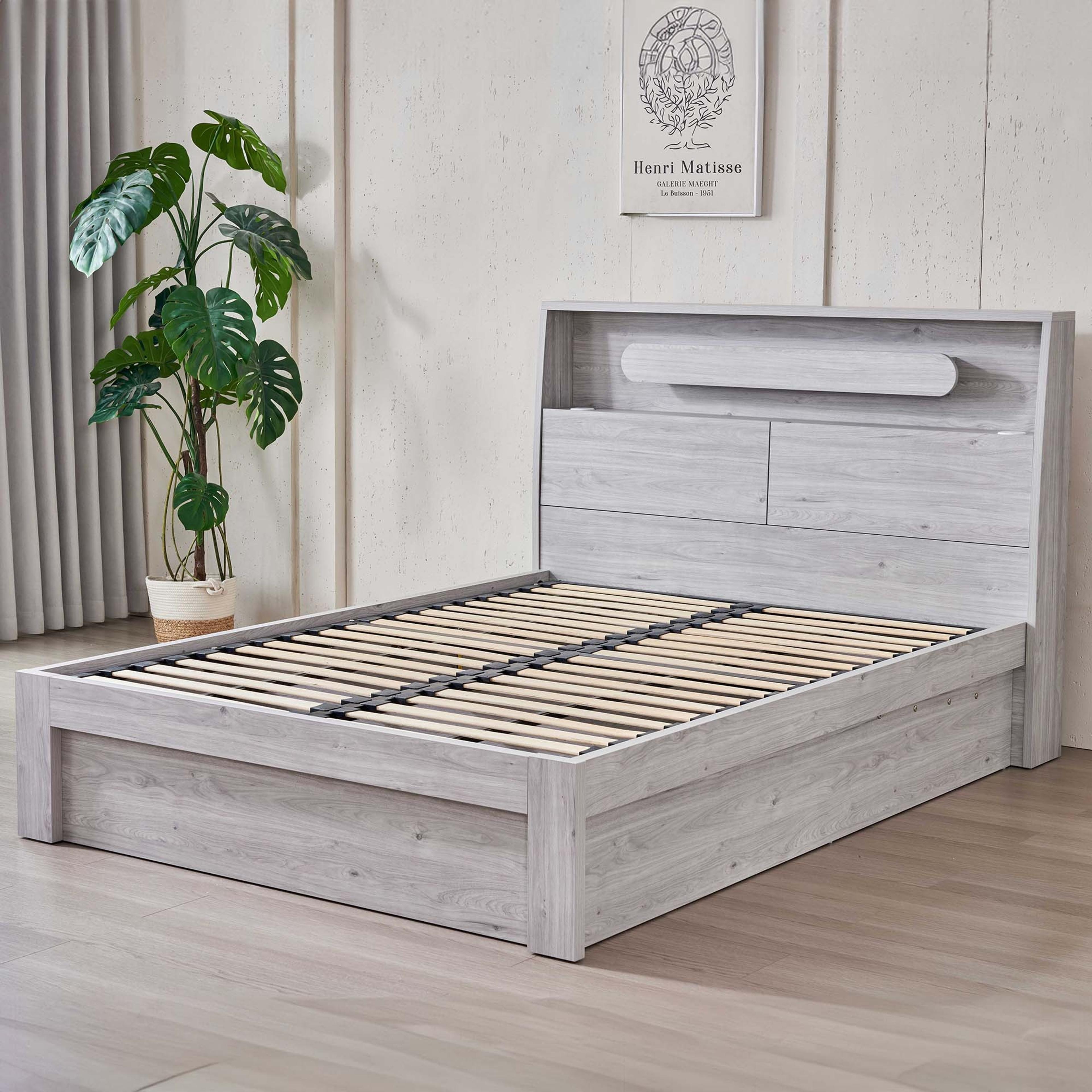 Lifestyle image of the  Nova Bed Frame, Front Slat Gas Lift Base, Stone Oak from Forty Winks