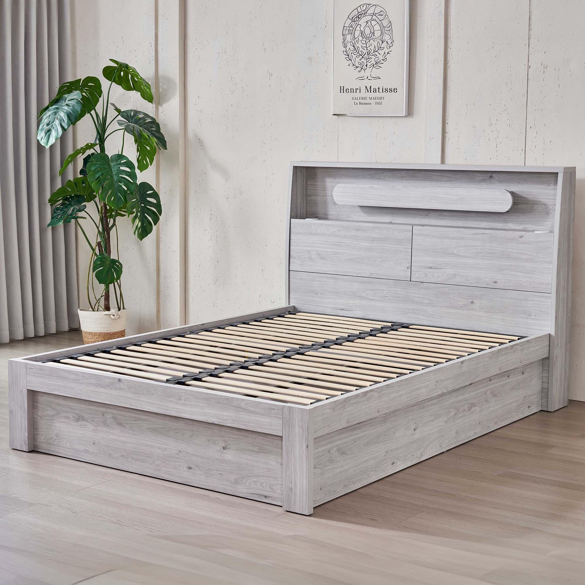 Lifestyle image of the  Nova Bed Frame, Front Slat Gas Lift Base, Stone Oak from Forty Winks