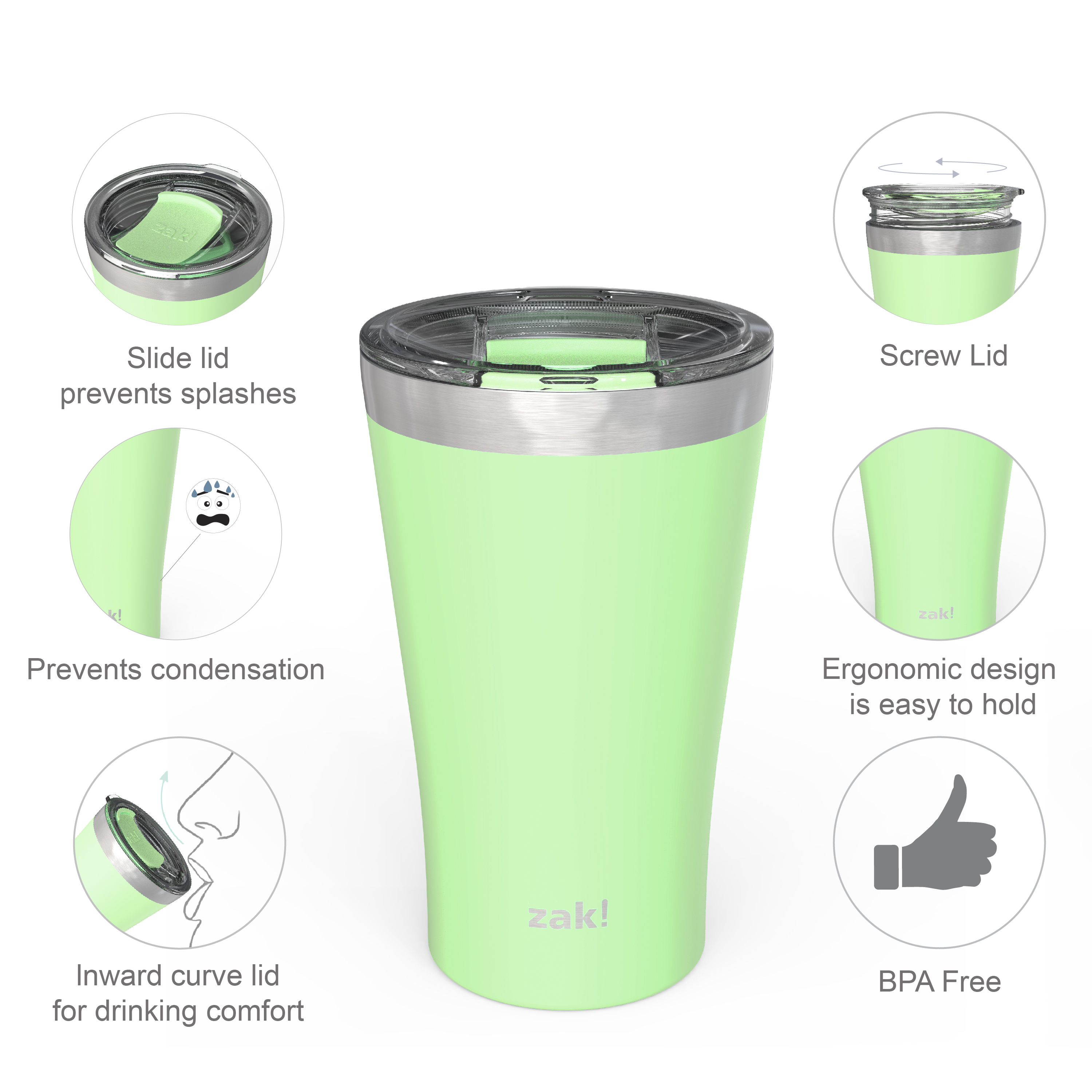 Zak Hydration 20 ounce Reusable Vacuum Insulated Stainless Steel Tumbler with Straw, Neo Mint slideshow image 3