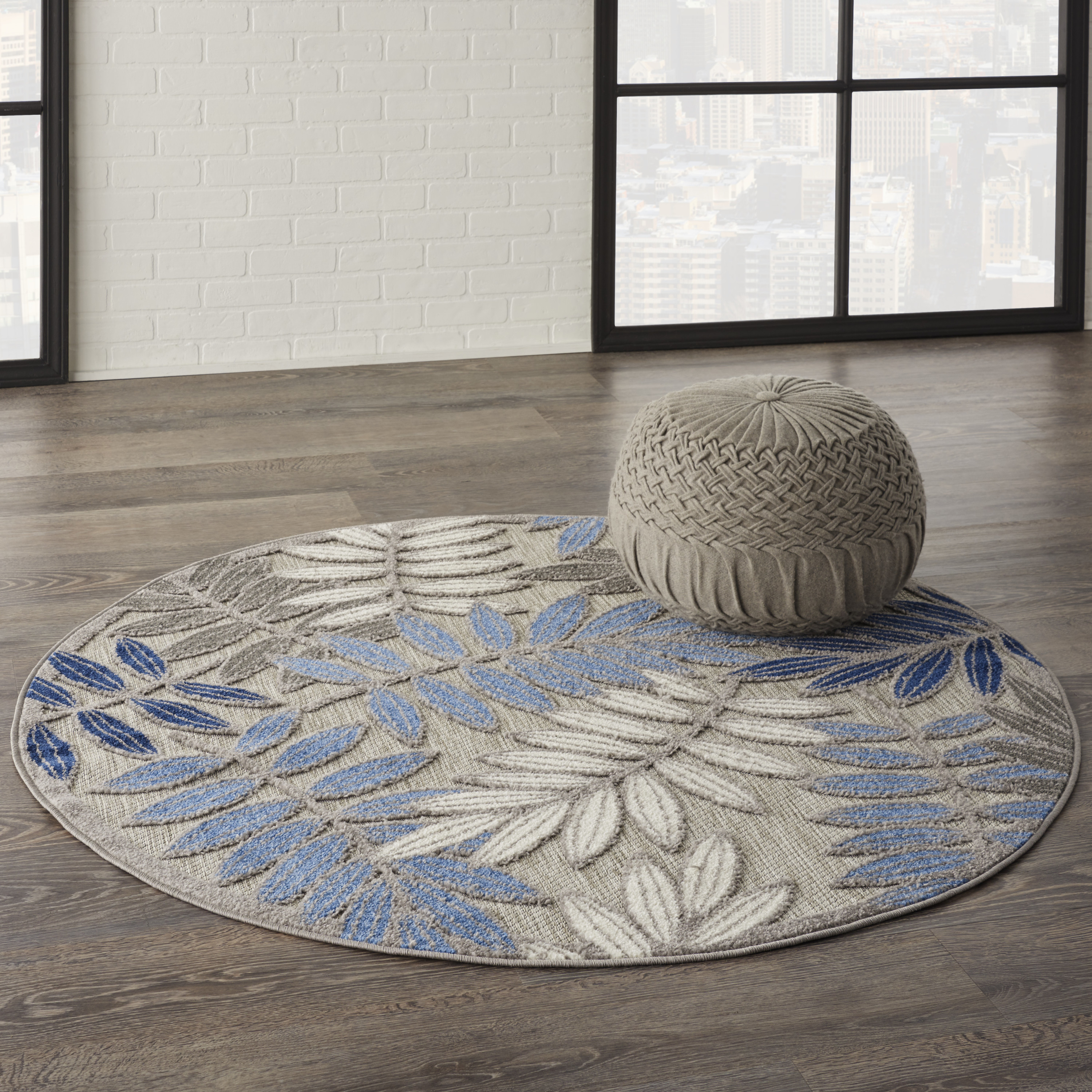 Nourison Aloha 4' x Round Grey Blue Tropical Rug