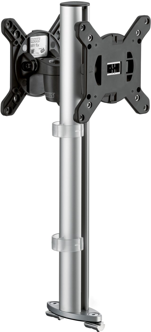 A dual monitor arm set with a system rail mount for comfortable display of two monitors.