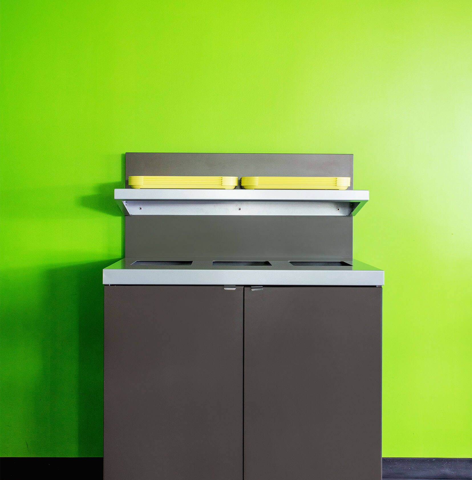 melamine indoor restaurant waste collection unit with tray collection shelf and hinged front doors