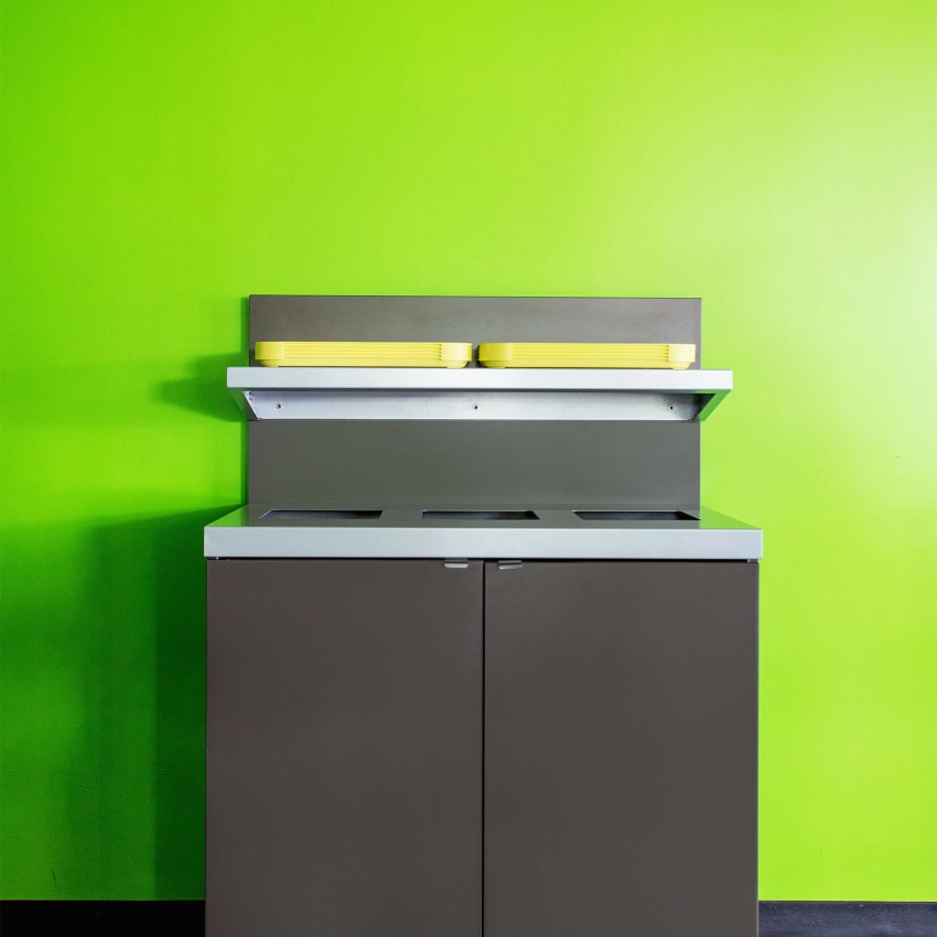 melamine indoor restaurant waste collection unit with tray collection shelf and hinged front doors