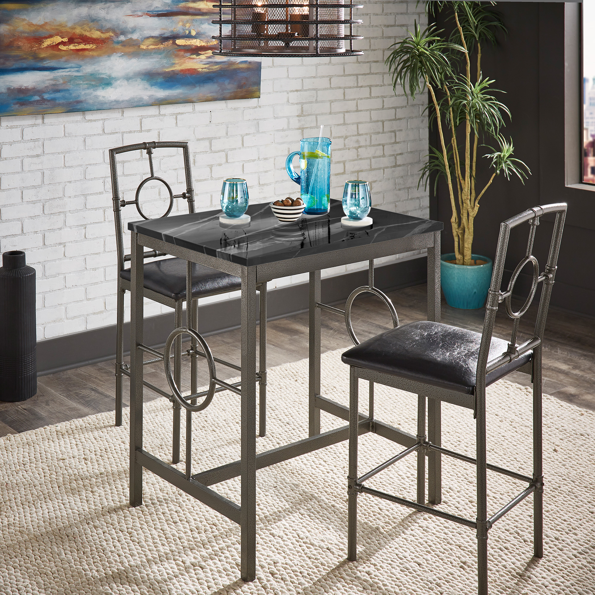 Black Metal and Faux Marble Top 3-Piece Counter Height Dinette Set