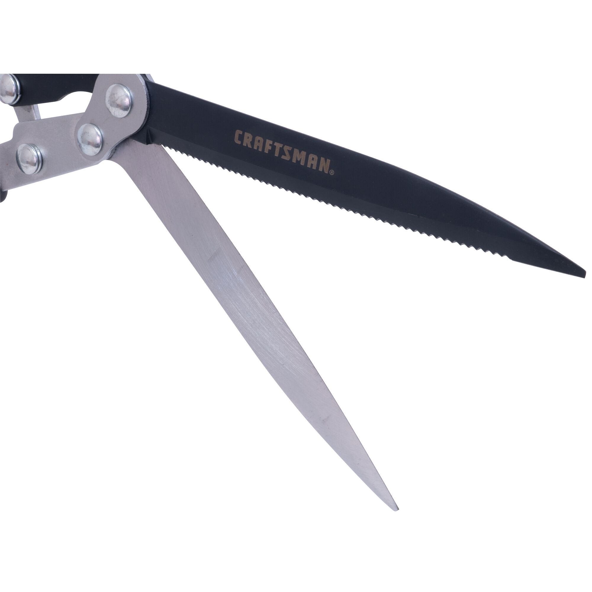 Non-stick blade coating feature of hedge shears with compound action blade.