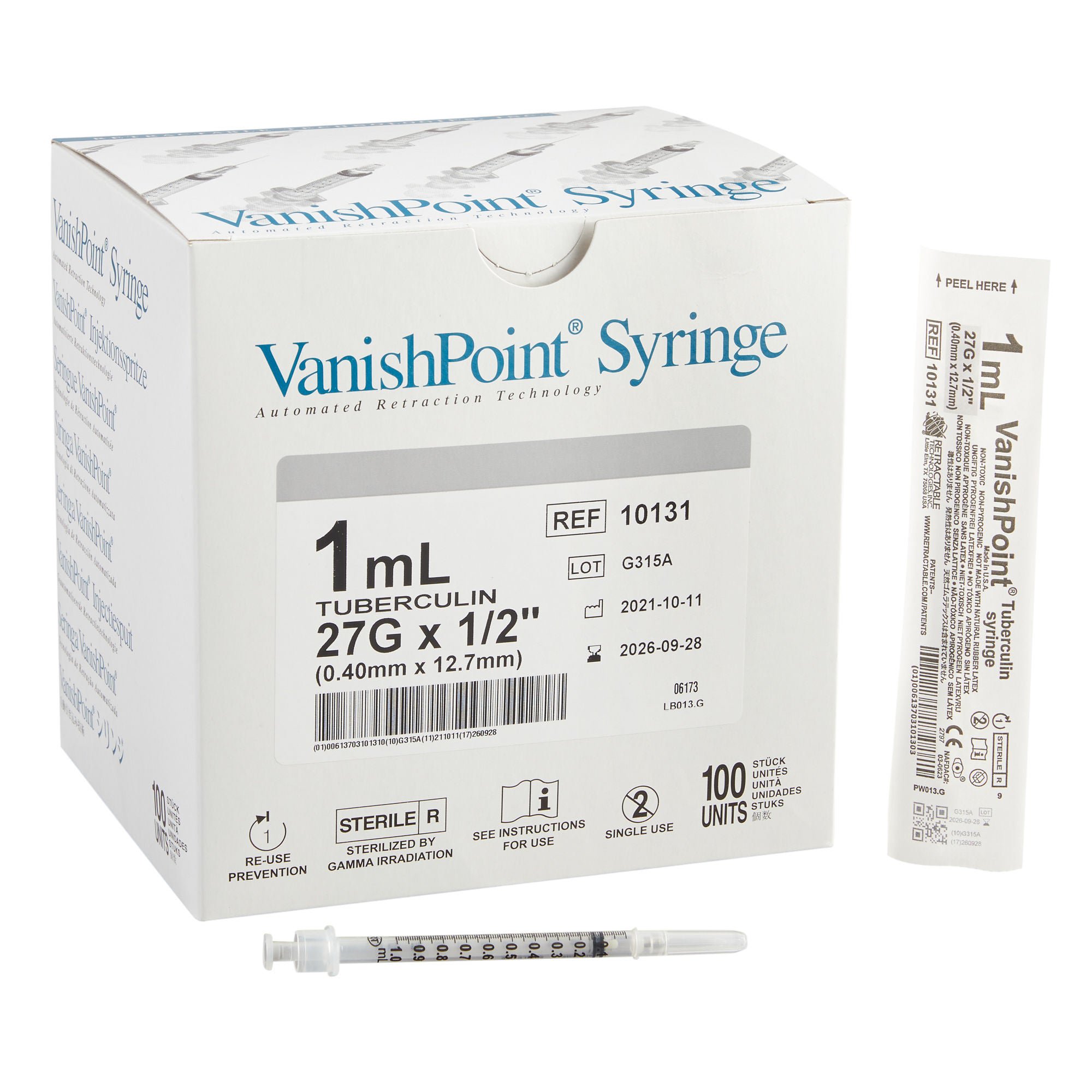 VanishPoint® 1 mL Tuberculin Syringe with Needle, 27 Gauge, 1.5" Needle Length