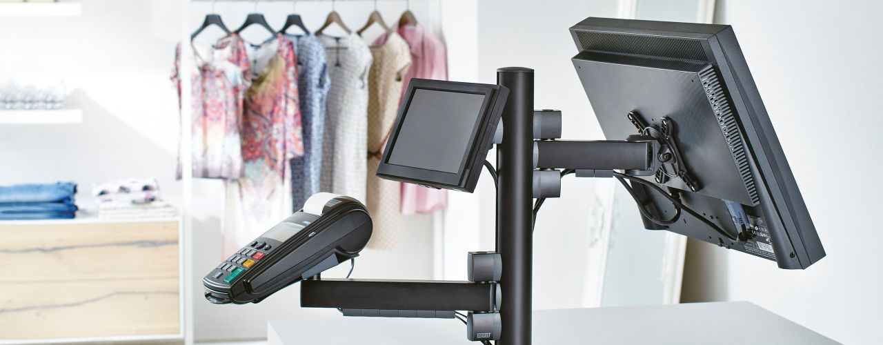 RetailSystem is a modular Point of Sale system that displays PIN pads, printers, touchscreens, tablets, and keyboards for the perfect cashier station.