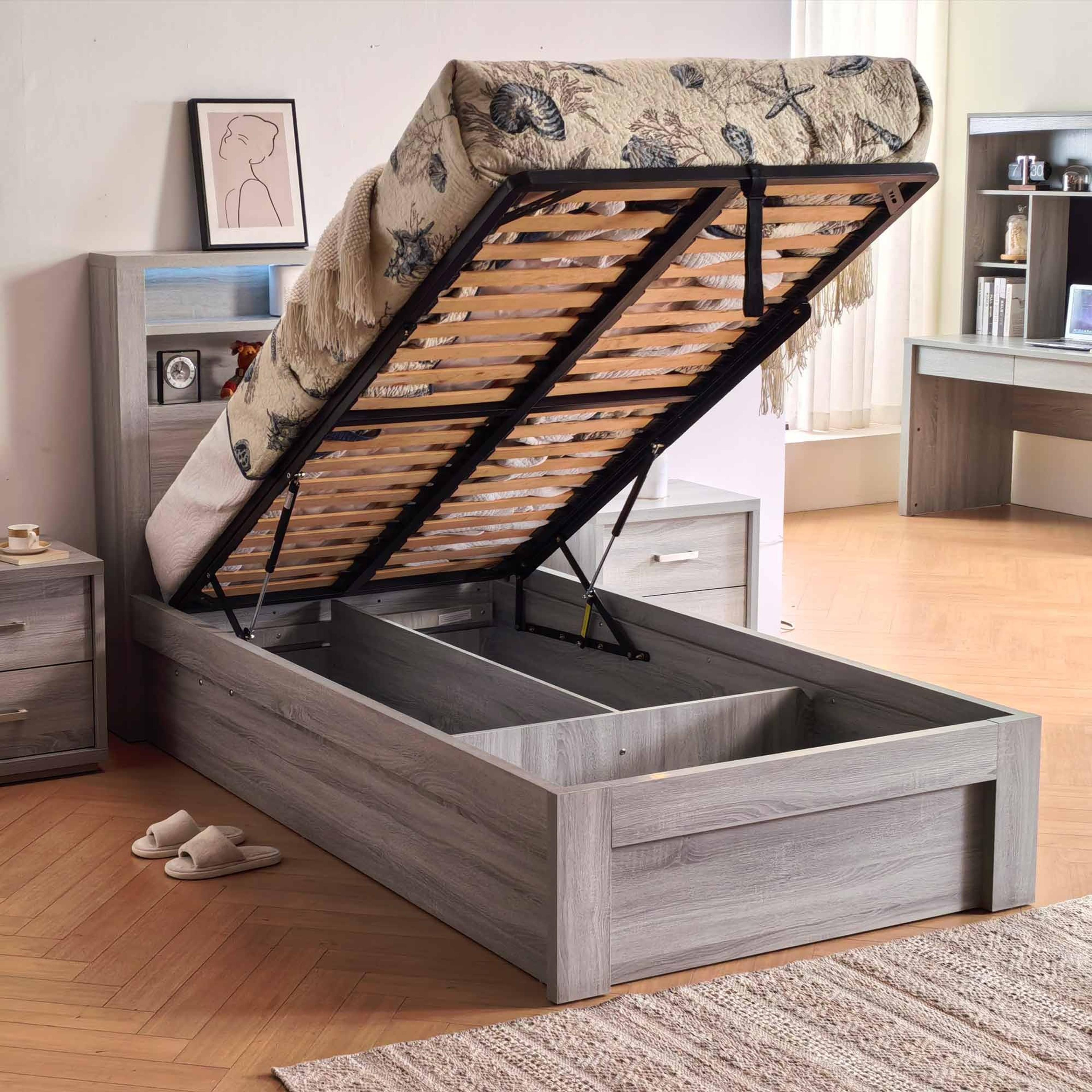 Lifestyle image of the  Bellevue Bed Frame, Front Slat Gas Lift Base, Cement Grey from Forty Winks