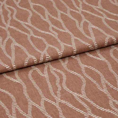 Folded terracotta-brown fabric with raised white embroidered undulating chain pattern, folded over itself with a horizontal overlap, close-up studio view emphasizing woven texture and soft, even lighting.