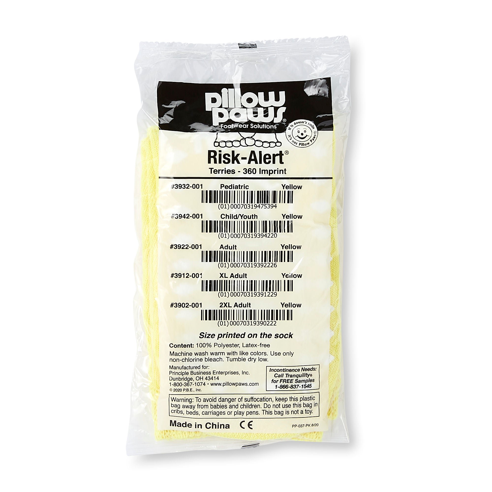Pillow Paws® Risk Alert® Terries™ Slipper Socks, Extra Large, Pale Yellow