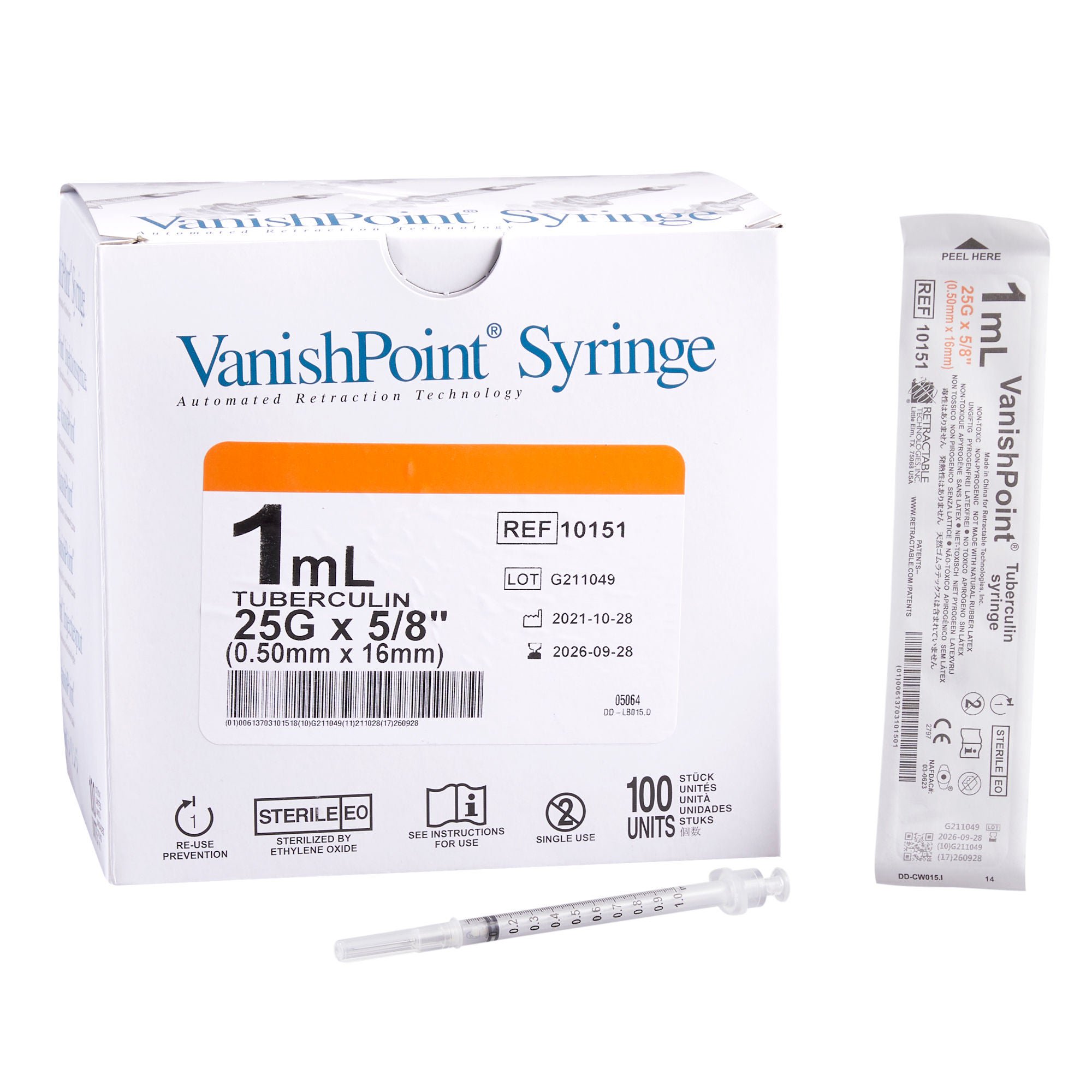 VanishPoint® 1 mL Tuberculin Syringe w/ Needle, 25 Gauge, 5/8 Inch Needle Length