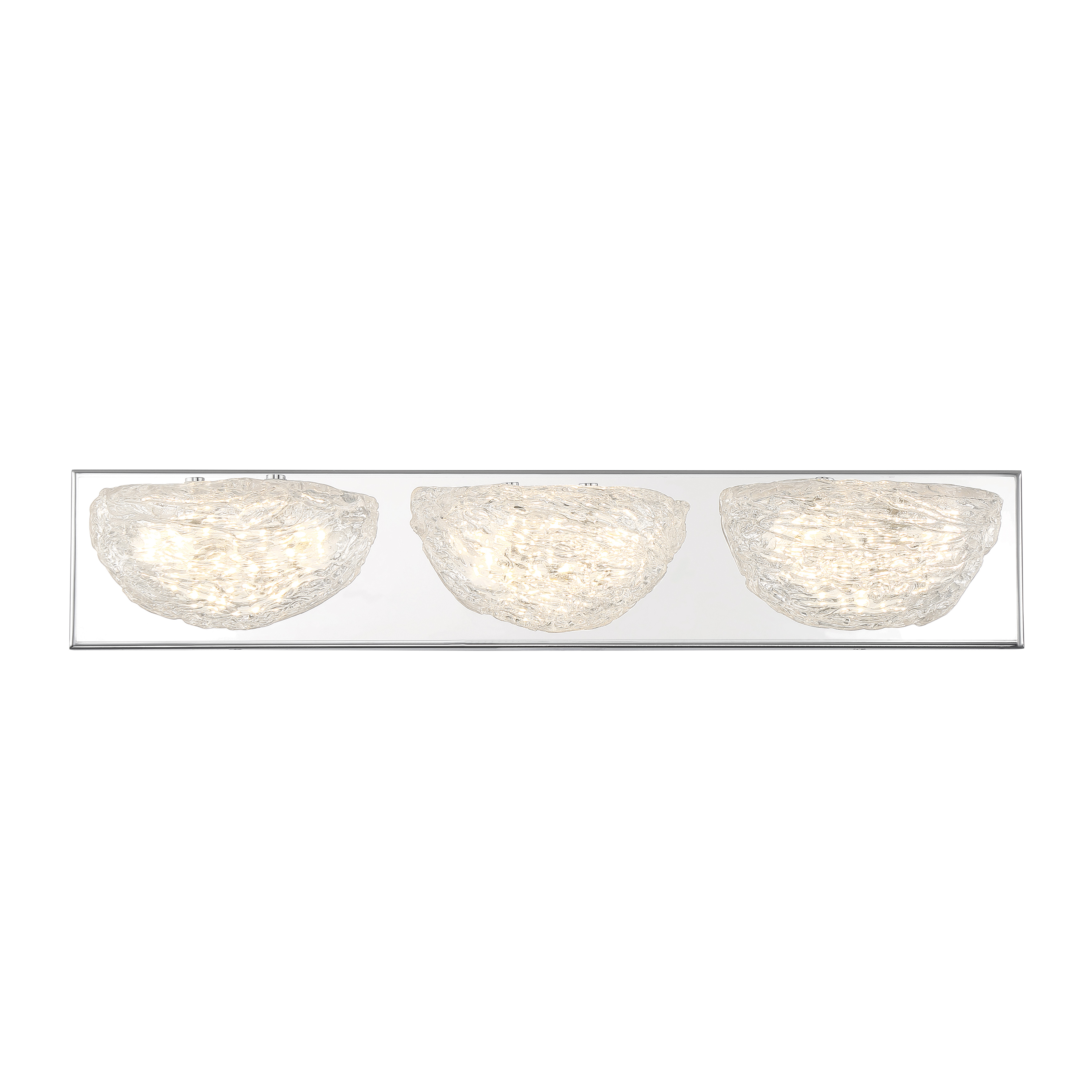 The Modern Ice 3-Light LED Bath combines contemporary chrome styling with handcrafted clear glass shades. Energy-efficient integrated LEDs deliver 2,657 lumens with excellent color rendering, while ADA compliance ensures accessibility. - alternate view