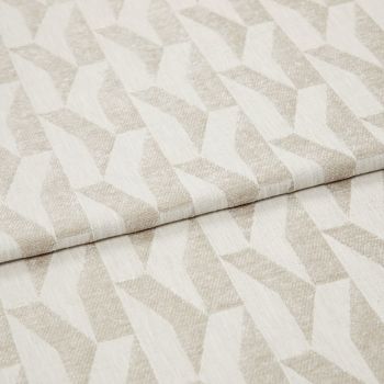 Beige-and-ivory geometric woven fabric with repeating angular, three-dimensional pattern; folded over itself, showing texture and slight sheen; studio-lit close-up on a neutral background, suited for upholstery or curtains.