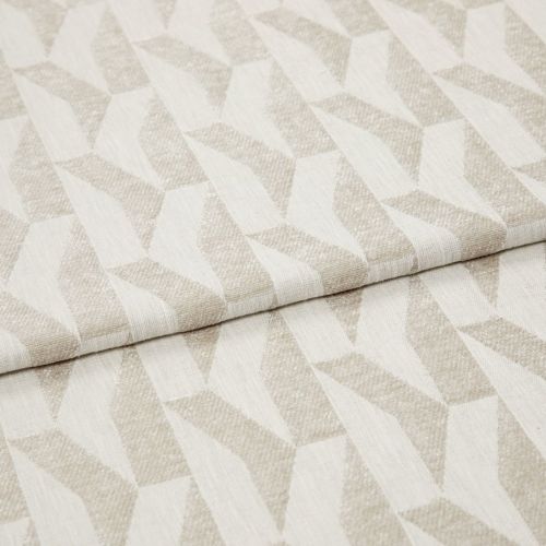Beige-and-ivory geometric woven fabric with repeating angular, three-dimensional pattern; folded over itself, showing texture and slight sheen; studio-lit close-up on a neutral background, suited for upholstery or curtains.