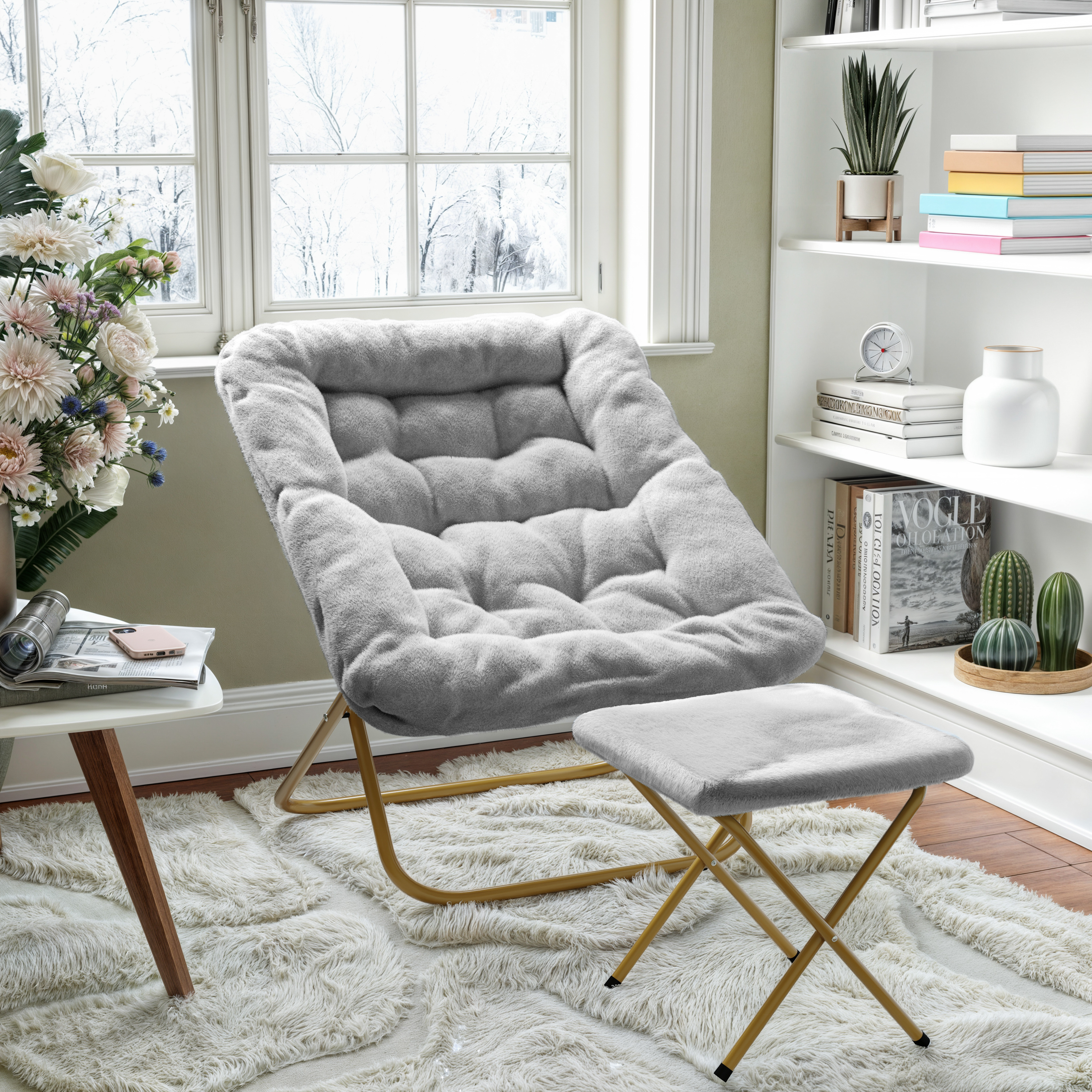 Archer 28" Oversized Portable Faux Fur Folding Saucer Chair with Folding Otto... - Picture 15 of 49