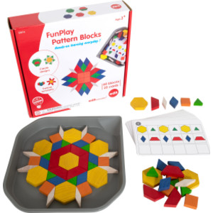 FunPlay Pattern Blocks - Set of 60 Wooden Math Manipulatives + 50 Activities + Messy Tray