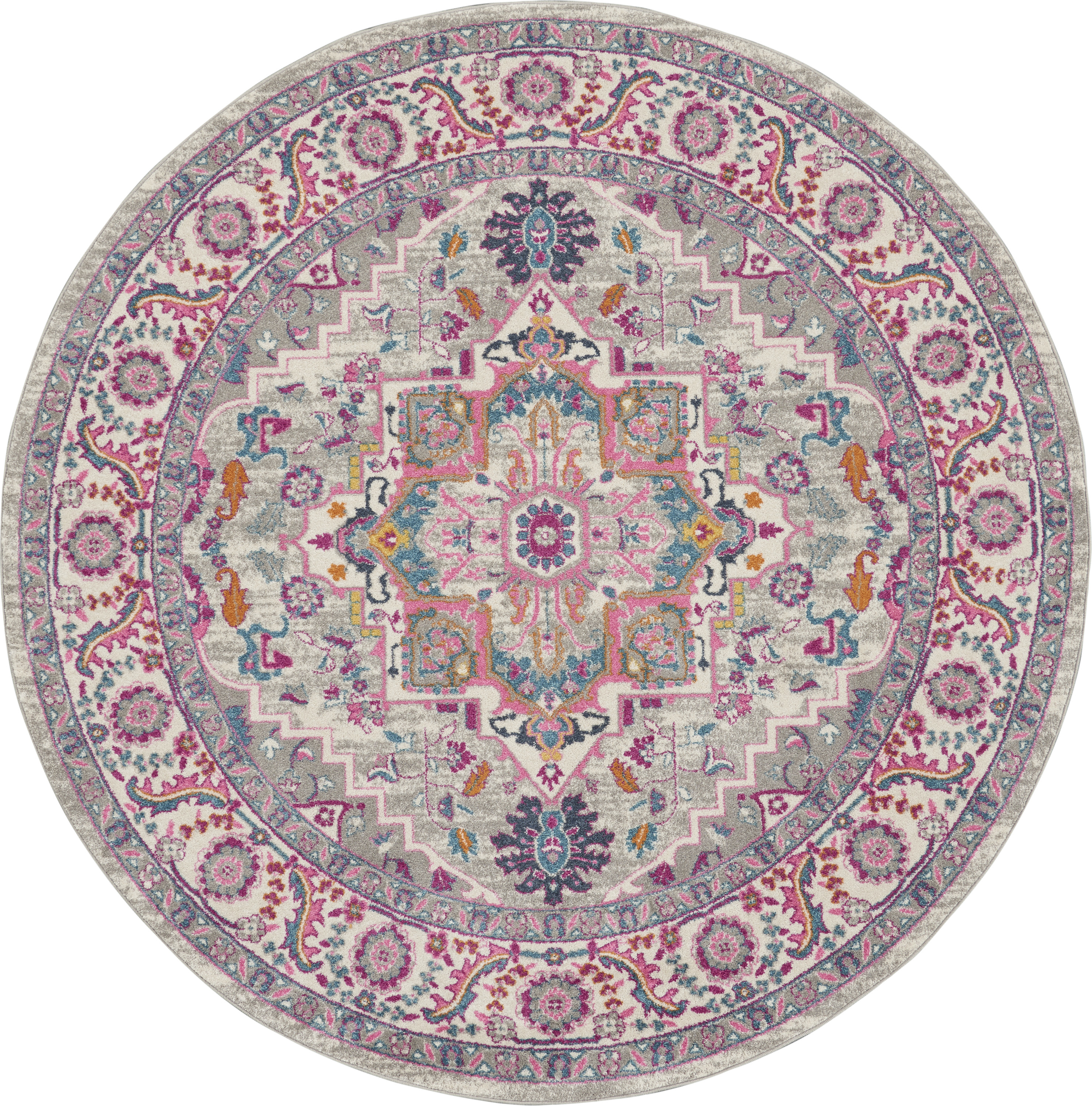 Nourison Passion 8' x Round Light Grey Pink Bohemian Indoor Rug