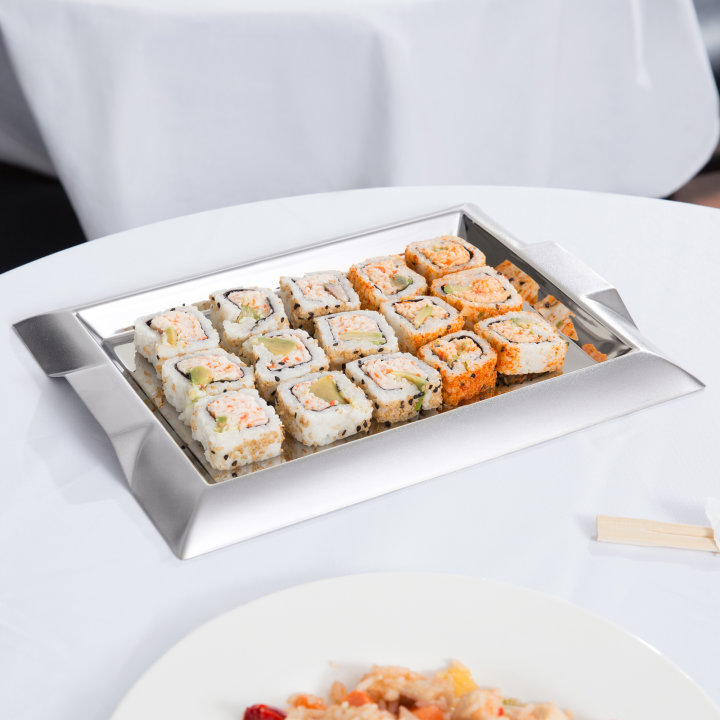 Small rectangular stainless steel serving tray