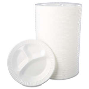 Dart, Quiet Classic Laminated Foam Dinnerware, 3-Compartment Plate, 10.25" dia, White