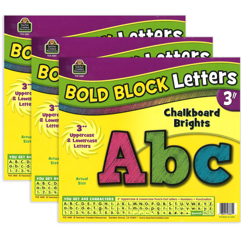 Chalkboard Brights Bold Block 3" Letters, 443 Characters Per Pack, 3 Packs