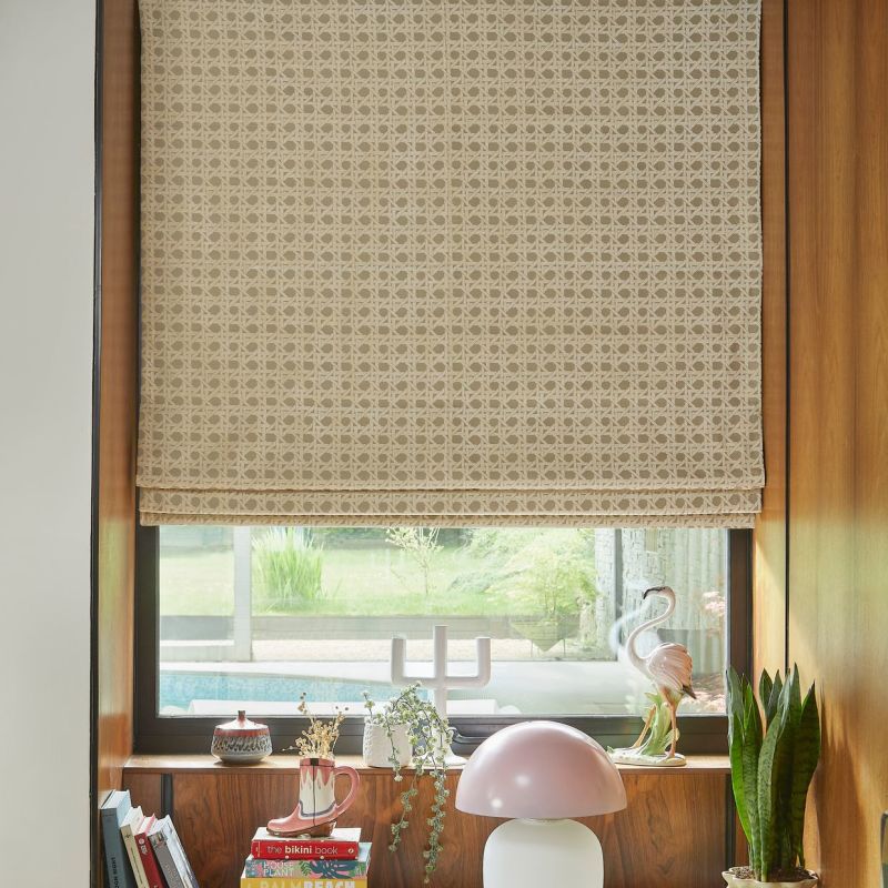 Beige, woven-pattern Roman blind lowered over a wood-framed window, filtering soft daylight; windowsill holds plants, a pink mushroom lamp, flamingo figurine, stacked books, and a garden/pool view.

the bikini book