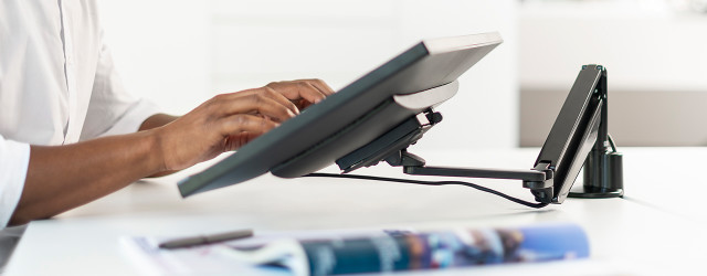 The Novus CLU III monitor arm is designed to easily move into a very low viewing position that’s ideal for comfortable touch screen use.