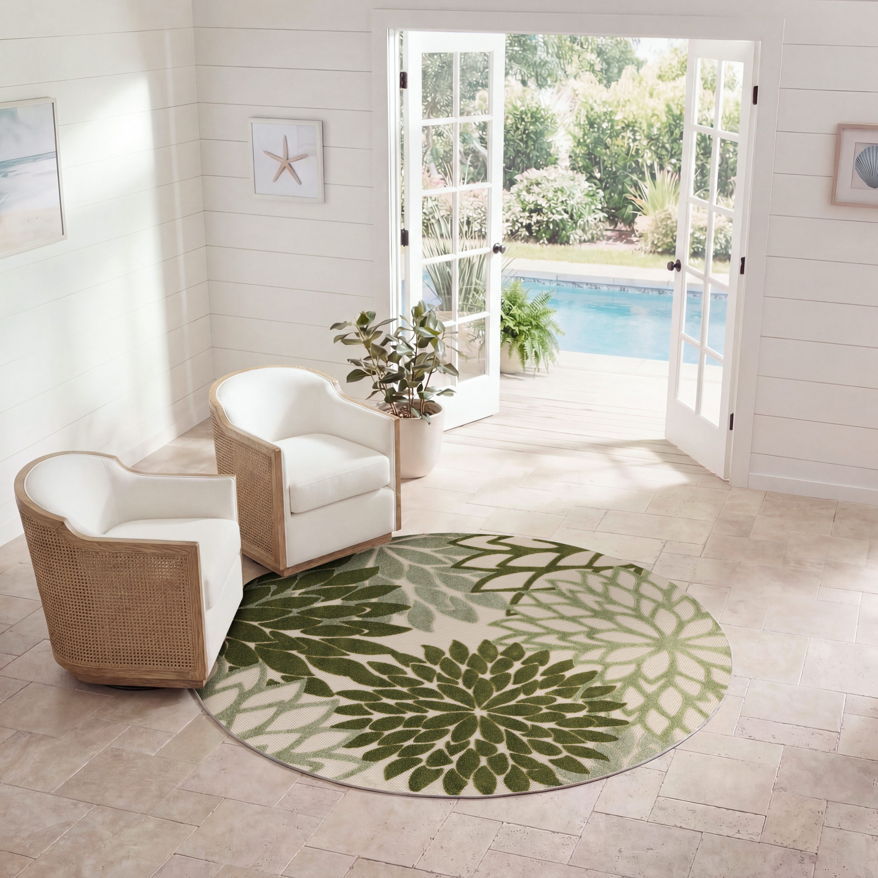 Nourison Aloha 5'3" x Round Ivory Green Tropical Rug