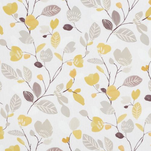 White printed fabric with stylized yellow and gray blossoms and leaves; branches form a delicate, repeating pattern across the surface, creating an airy, modern decorative look.