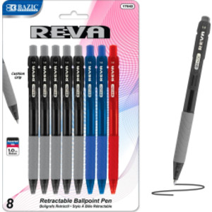 Reva Retractable Pens, 1.0 mm Medium Tip, Assorted Ink Colors, 8-Count