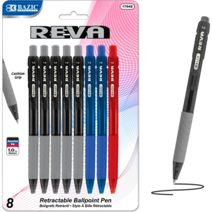 Reva Retractable Pens, 1.0 mm Medium Tip, Assorted Ink Colors, 8-Count