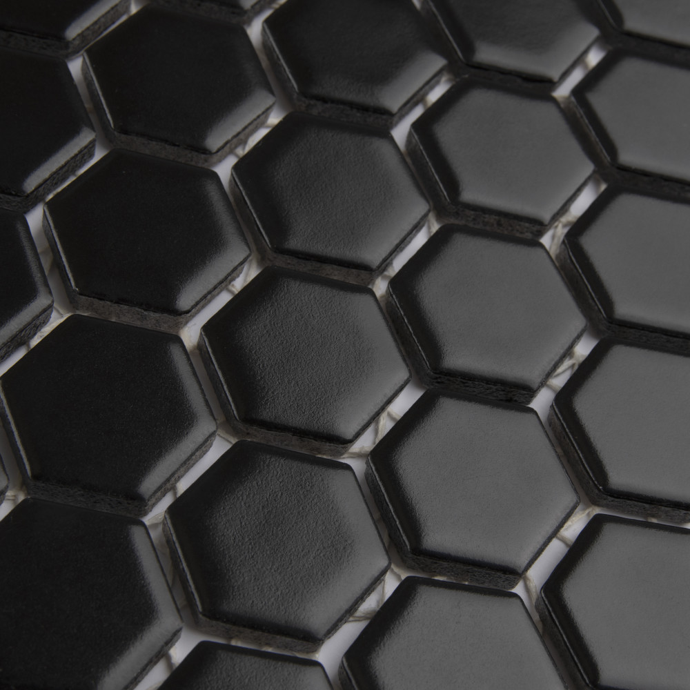 Sample – Metro 1″ Hex Matte Black Porcelain Mosaic Tile