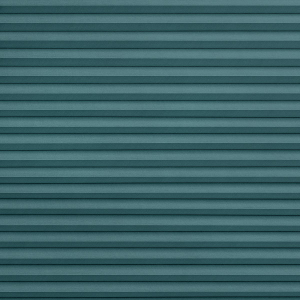 Teal horizontal pleated blinds, fully closed with textured fabric and narrow even folds; filtering soft, diffuse light; close-up interior view with neutral lighting and no visible window frame.
