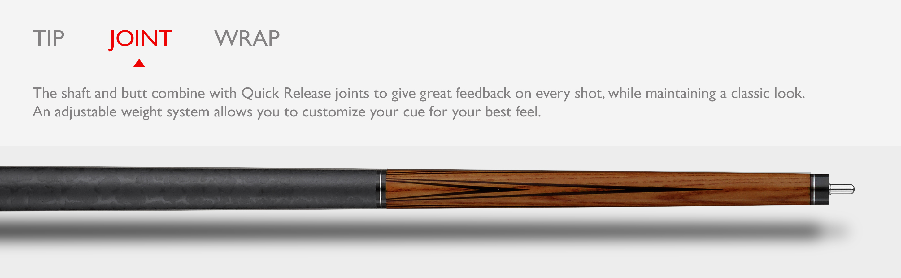 Infographic showing billiard cue with black shaft, wood-grain wrap, and metal joint connector labeled Tip, Joint, and Wrap