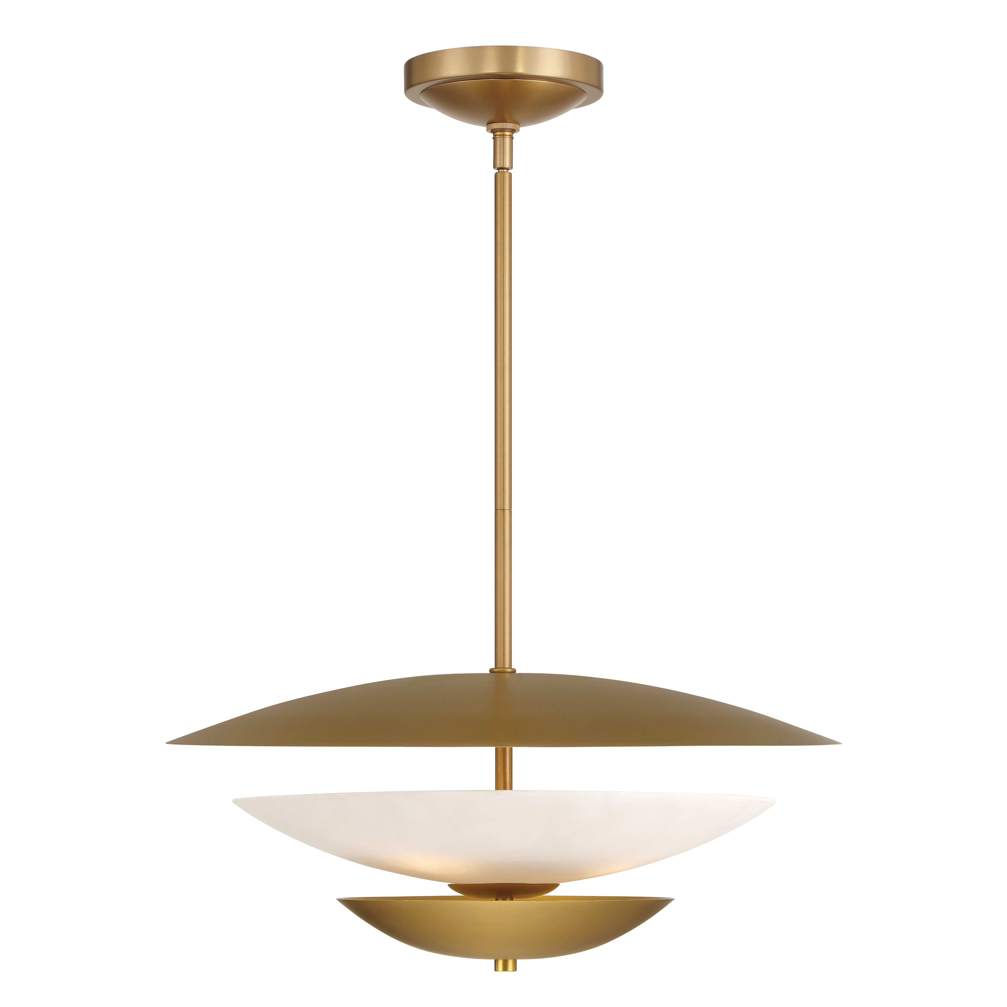 The Solara pendant combines contemporary design with timeless elegance through its Legacy Brass finish and faux alabaster shades. At nearly 24 inches wide, it provides substantial presence while the 4-light configuration delivers excellent illumination for dining and gathering spaces. - alternate view