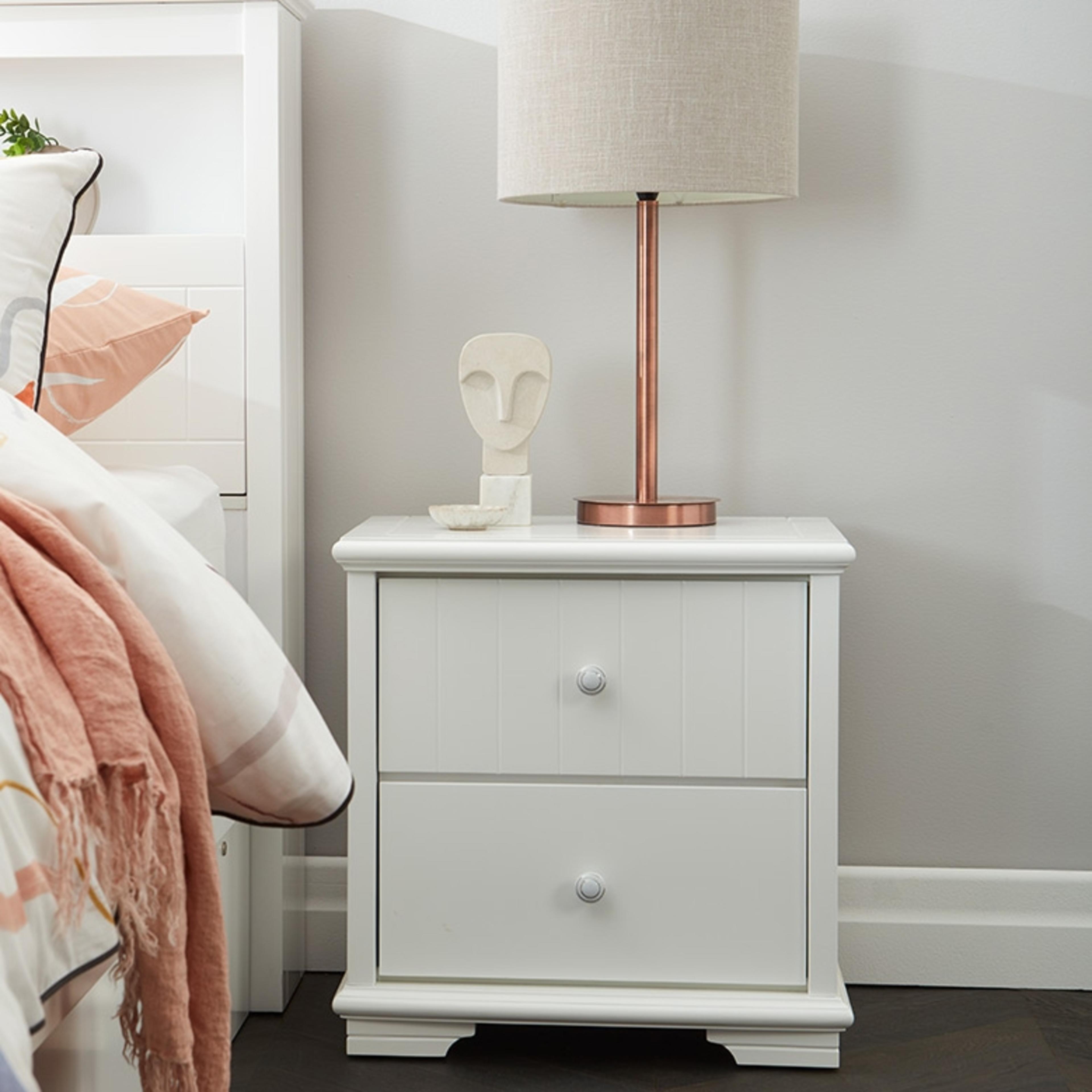 Lifestyle image of the  Bella Bedside Table (2 Drawer), Ivory White from Forty Winks