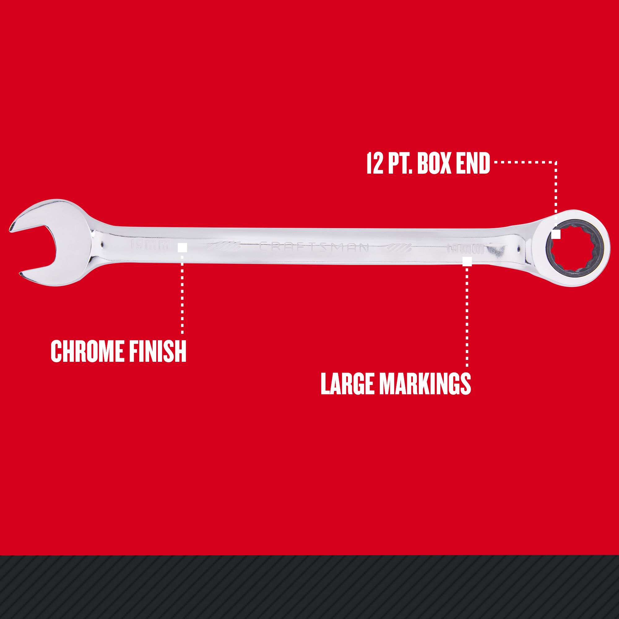 Front view Craftsman 19 mm Metric 12 pt. 72-Tooth Ratcheting Wrench showing chrome finish, 12 pt. box end and large markings.