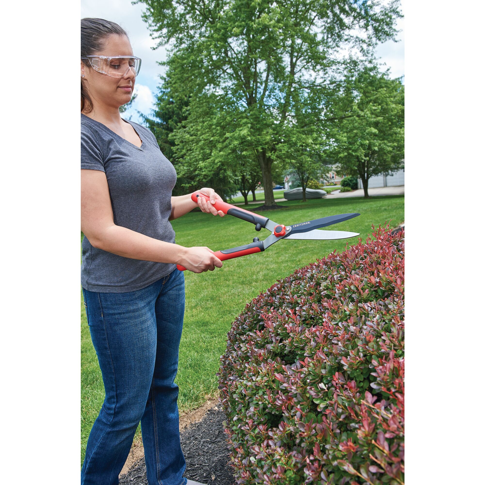 Hedge shears being used by a person outdoors.