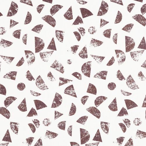 Distressed brown geometric shapes (half-circles, triangles, circles) stamped repeatedlyâ€”scattered across a white backgroundâ€”creating a loose, random repeating pattern with worn, textured prints.