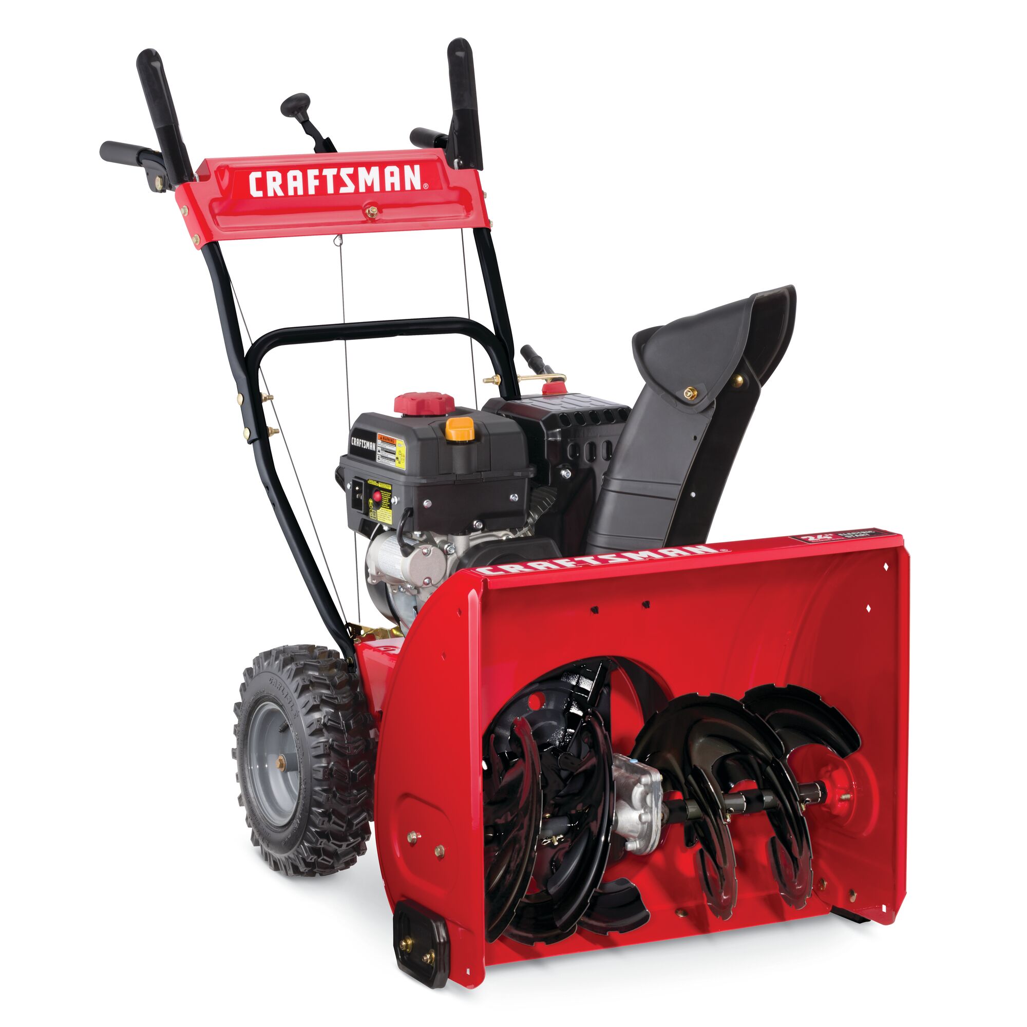 Right profile of 24 inch 208 CC electric start two stage snow blower.
