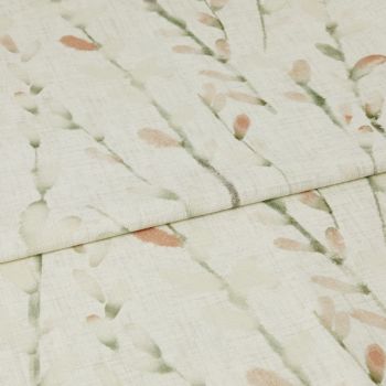 Cream linen-look curtain fabric with soft green stems and peach buds, folded across the frame, overlapping at the center; close-up view with gentle, diffuse lighting showing woven texture.