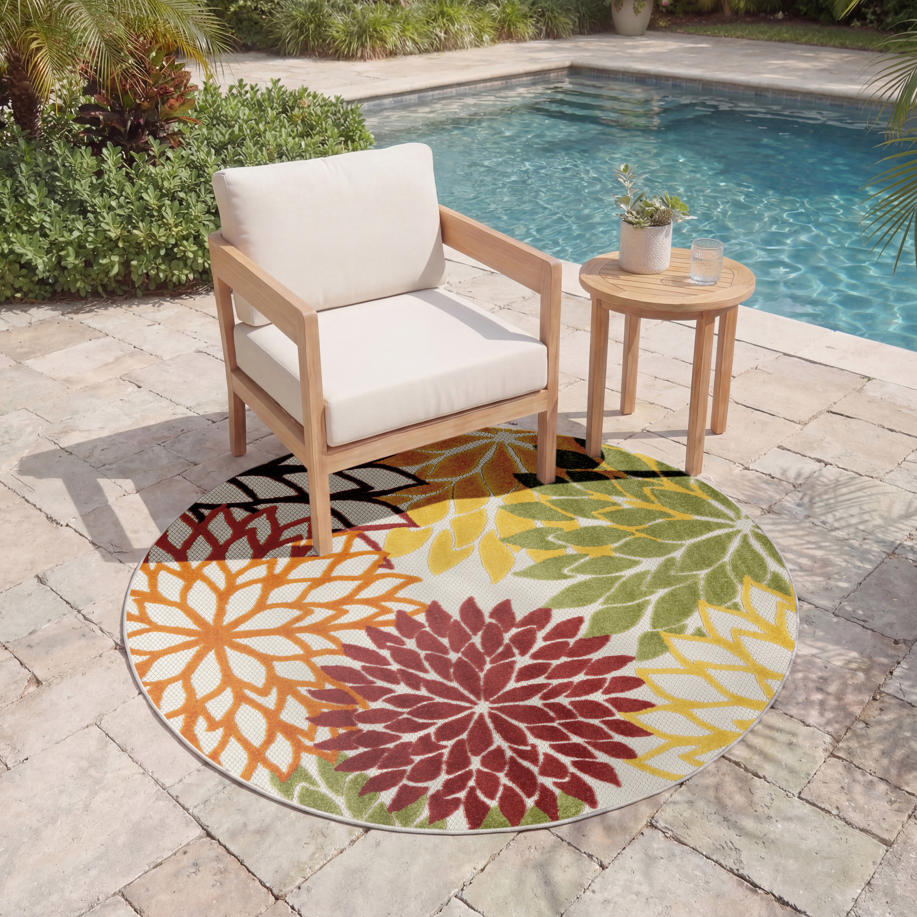 Nourison Aloha 4' x Round Red Multicolor Tropical Rug