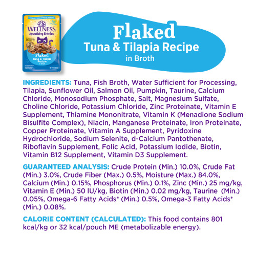 <p>Tuna, Fish Broth, Water Sufficient for Processing, Tilapia, Sunflower Oil, Salmon Oil, Pumpkin, Taurine, Calcium Chloride, Monosodium Phosphate, Dried Chicory Root, Salt, Guar Gum, Magnesium Sulfate, Choline Chloride, Potassium Chloride, Zinc Proteinate, Vitamin E Supplement, Thiamine Mononitrate, Vitamin K (Menadione Sodium Bisulfite Complex), Niacin, Manganese Proteinate, Iron Proteinate, Copper Proteinate, Vitamin A Supplement, Pyridoxine Hydrochloride, Sodium Selenite, d-Calcium Pantothenate, Riboflavin Supplement, Folic Acid, Potassium Iodide, Biotin, Vitamin B12 Supplement, Vitamin D3 Supplement.</p>

